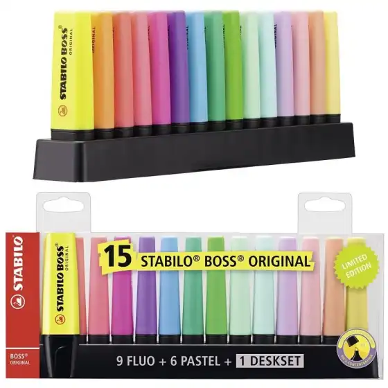 Stabilo 7015-01-5 -  DeskSet Evidenziatore BOSS ORIGINAL - 9 fluo + 6 pastello - Conf. 15 pz Stabilo - 3