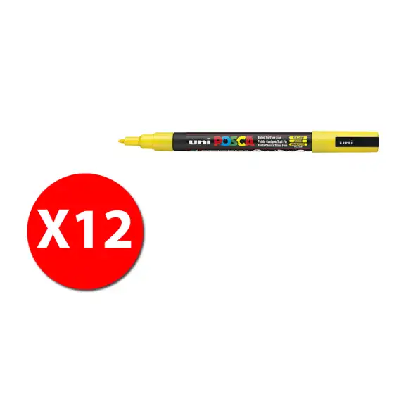 UniPosca - Marcatore a Base D'acqua - Punta Fine PC - 3M  - 0,9-1,3 mm - Giallo - Conf. 12 pz Osama - 2