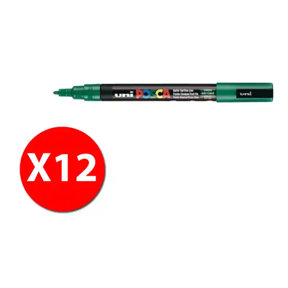UniPosca - Marcatore a Base D'acqua - Punta Fine PC - 3M  - 0,9-1,3 mm - Verde Scuro - Conf. 12 pz Osama - 3