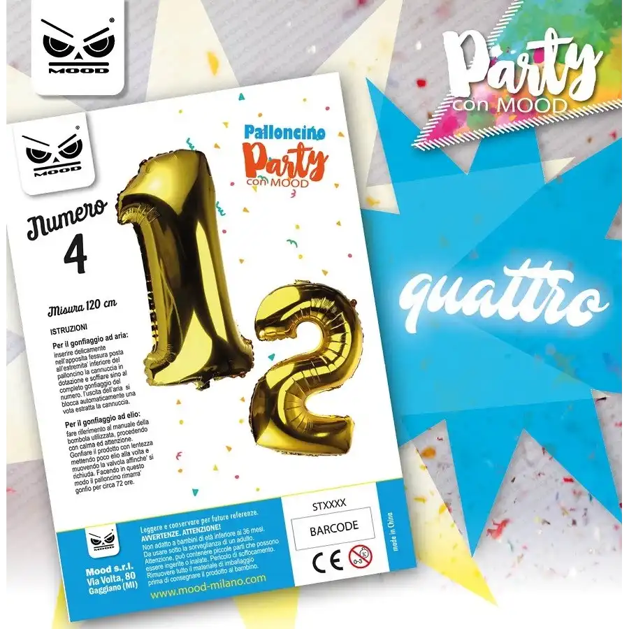 Mood ST4456 - Palloncino Metal Numero \"4\" - Oro - 120cm Mood - 1