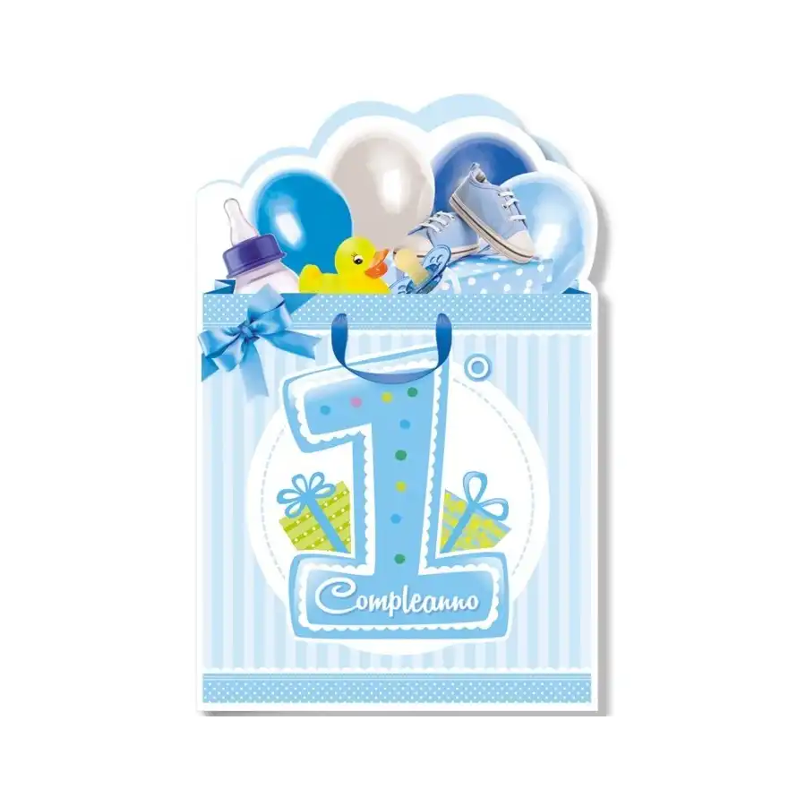 Biglietti Augurali 1 anno (Boy) Fustellati 11,5x17cm - Numeri Bimbi  - NU.4995 - confezione 6 pezzi Cromo - 1