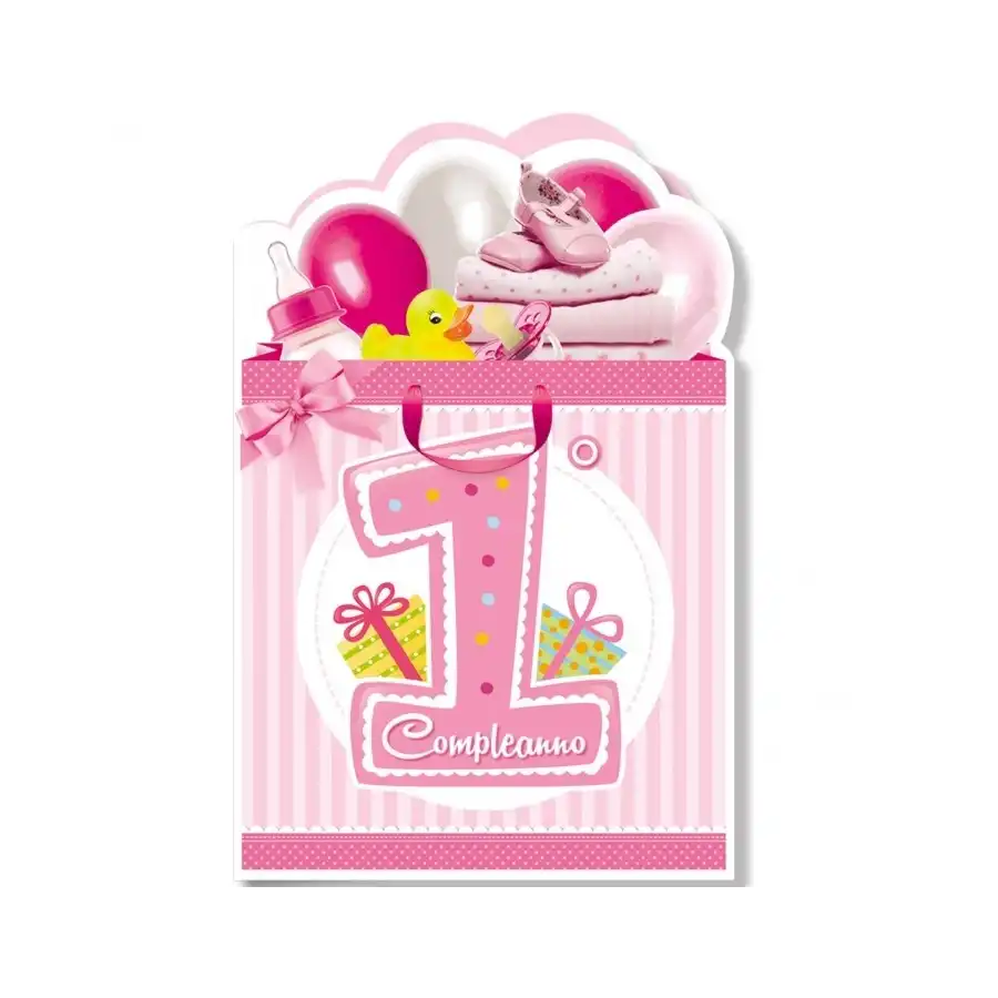 Biglietti Augurali 1 anno (Girl) Fustellati 11,5x17cm - Numeri Bimbi  - NU.4994 - confezione 6 pezzi Cromo - 1