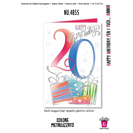 Biglietti Augurali Happy Birthday per i tuoi 20 anni NU.4855 - confezione 6 pezzi Cromo - 1