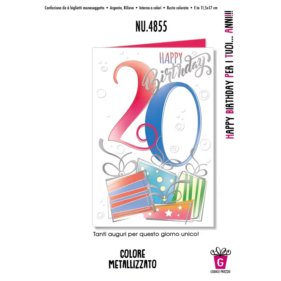 Biglietti Augurali Happy Birthday per i tuoi 20 anni NU.4855 - confezione 6 pezzi Cromo - 1