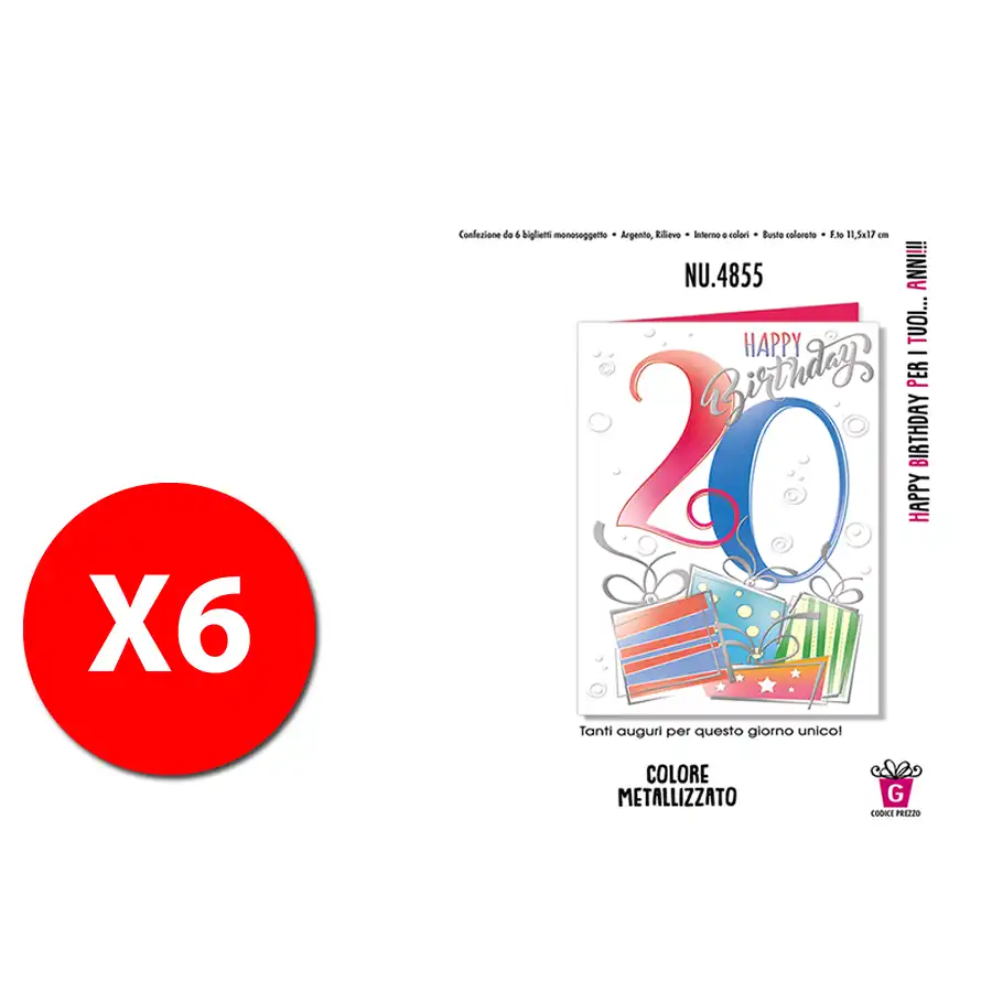 Biglietti Augurali Happy Birthday per i tuoi 20 anni NU.4855 - confezione 6 pezzi Cromo - 2