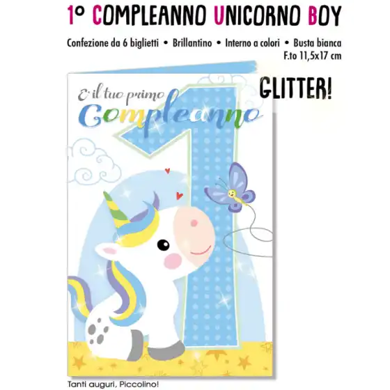 Biglietti Augurali 1° Compleanno Unicorno Boy Glitter 11,5x17cm - NU.4814 - confezione 6 pezzi Cromo - 2