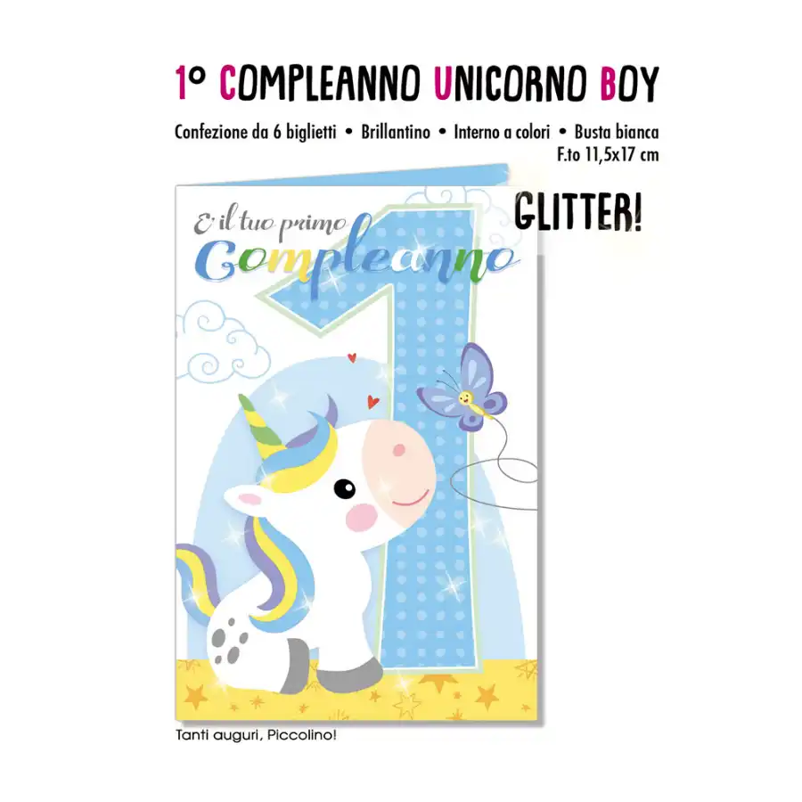 Biglietti Augurali 1° Compleanno Unicorno Boy Glitter 11,5x17cm - NU.4814 - confezione 6 pezzi Cromo - 2