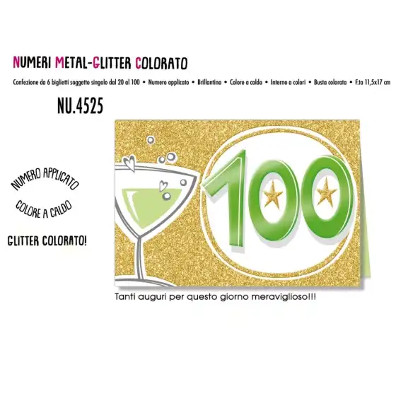 Biglietti Augurali Numeri metal-glietter colorato- 100 anni NU.4525 - confezione 6 pezzi Cromo - 1