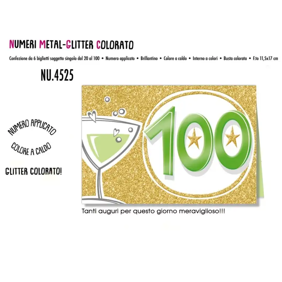 Biglietti Augurali Numeri metal-glietter colorato- 100 anni NU.4525 - confezione 6 pezzi Cromo - 1
