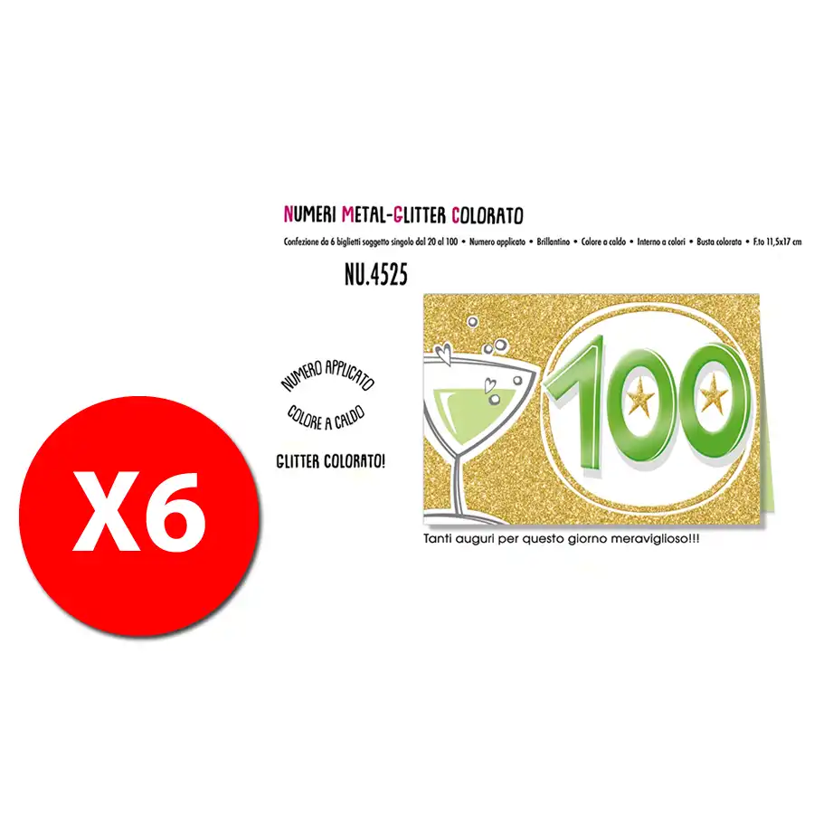 Biglietti Augurali Numeri metal-glietter colorato- 100 anni NU.4525 - confezione 6 pezzi Cromo - 2