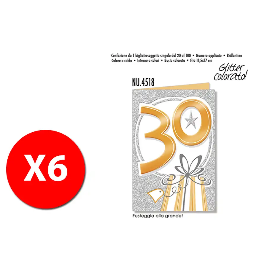 Biglietti Augurali Numeri metal-glitter colorato - 30 anni NU.4518 - confezione 6 pezzi Cromo - 1