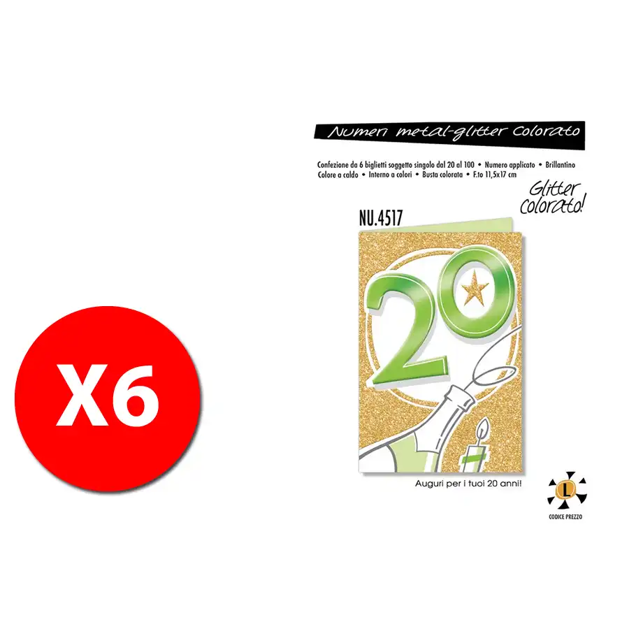 Biglietti Augurali Numeri metal-glitter colorato - 20 anni NU.4517 - confezione 6 pezzi Cromo - 1