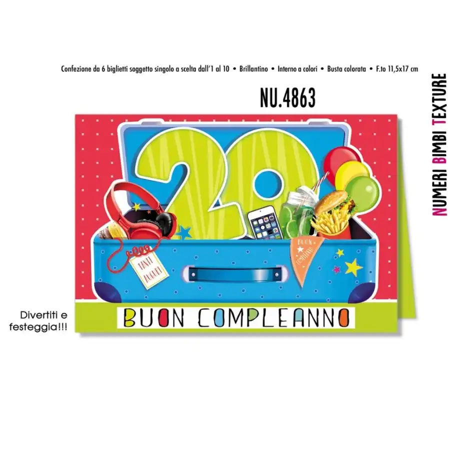  Biglietti  Festeggia in viaggio 20 anni - NU.4863  - 11,5x17cm -  Confezione 6 pz Cromo - 1
