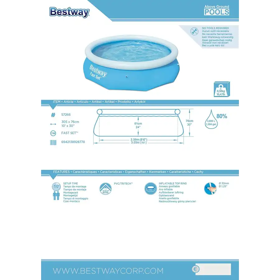 Bestway 57266 Piscina Gonfiabile Rotonda Fast Set 305 x 76 cm Bestway - 4
