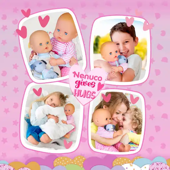 Nenuco - Bambola morbida 42 cm con vestitino rimovibile, le braccia si chiudono in un abbraccio, include un cagnolino morbido