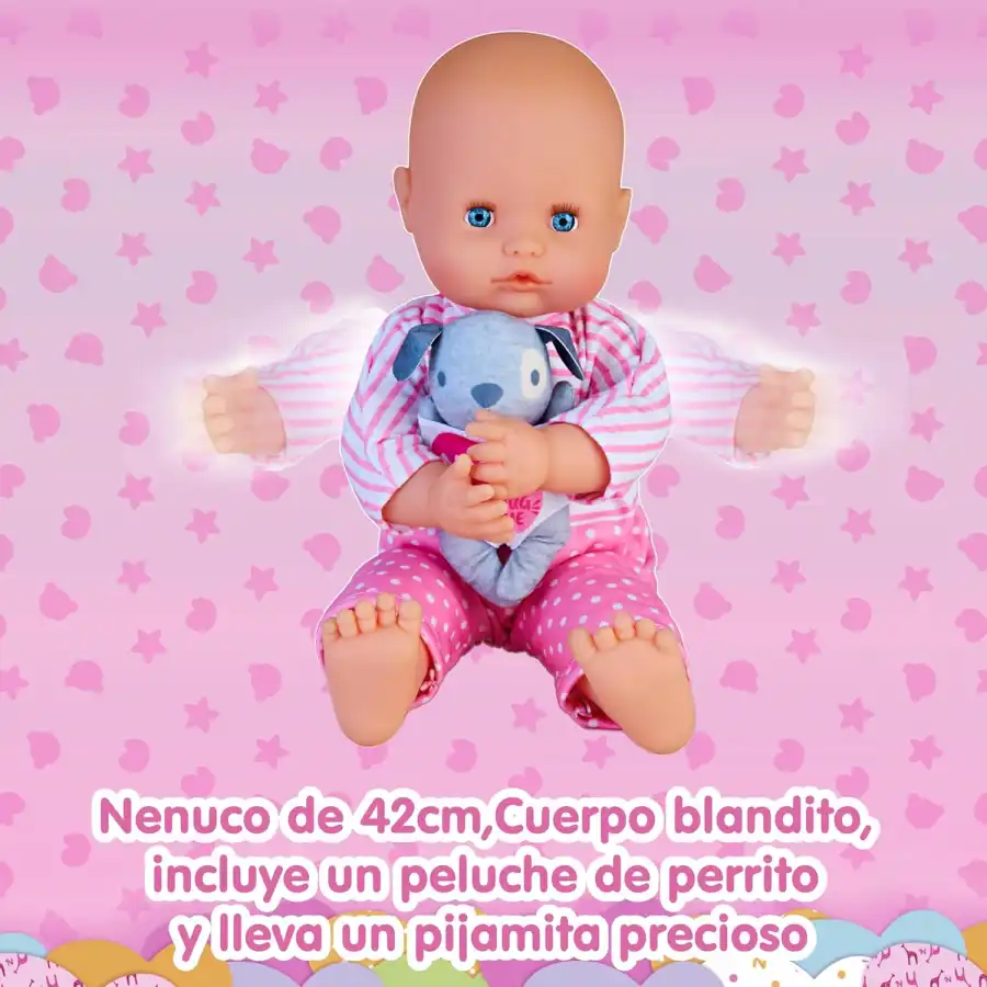 Nenuco - Bambola morbida 42 cm con vestitino rimovibile, le braccia si chiudono in un abbraccio, include un cagnolino morbido