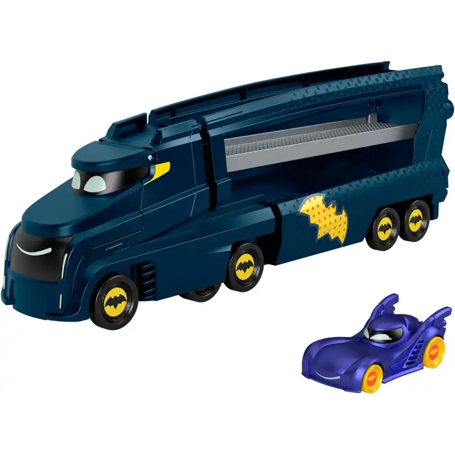 Fisher-Price DC Batwheels - Bat-Autotreno playset Autotreno con rampa e veicolo Bam Batmobile in scala 1:55 incluso HMX07