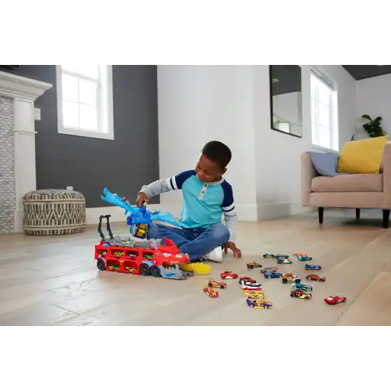 Hot Wheels City Drago Trasportatore Trasformabile E 2 Macchinine Giocattolo in Scala 1:64, JBM72