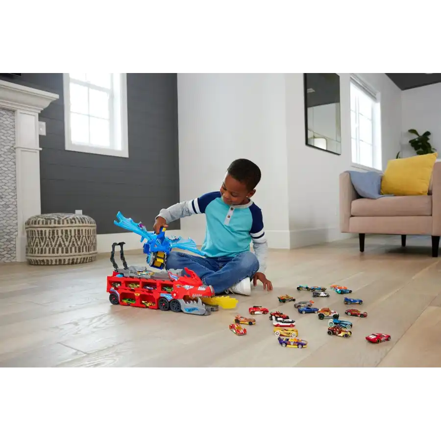 Hot Wheels City Drago Trasportatore Trasformabile E 2 Macchinine Giocattolo in Scala 1:64, JBM72