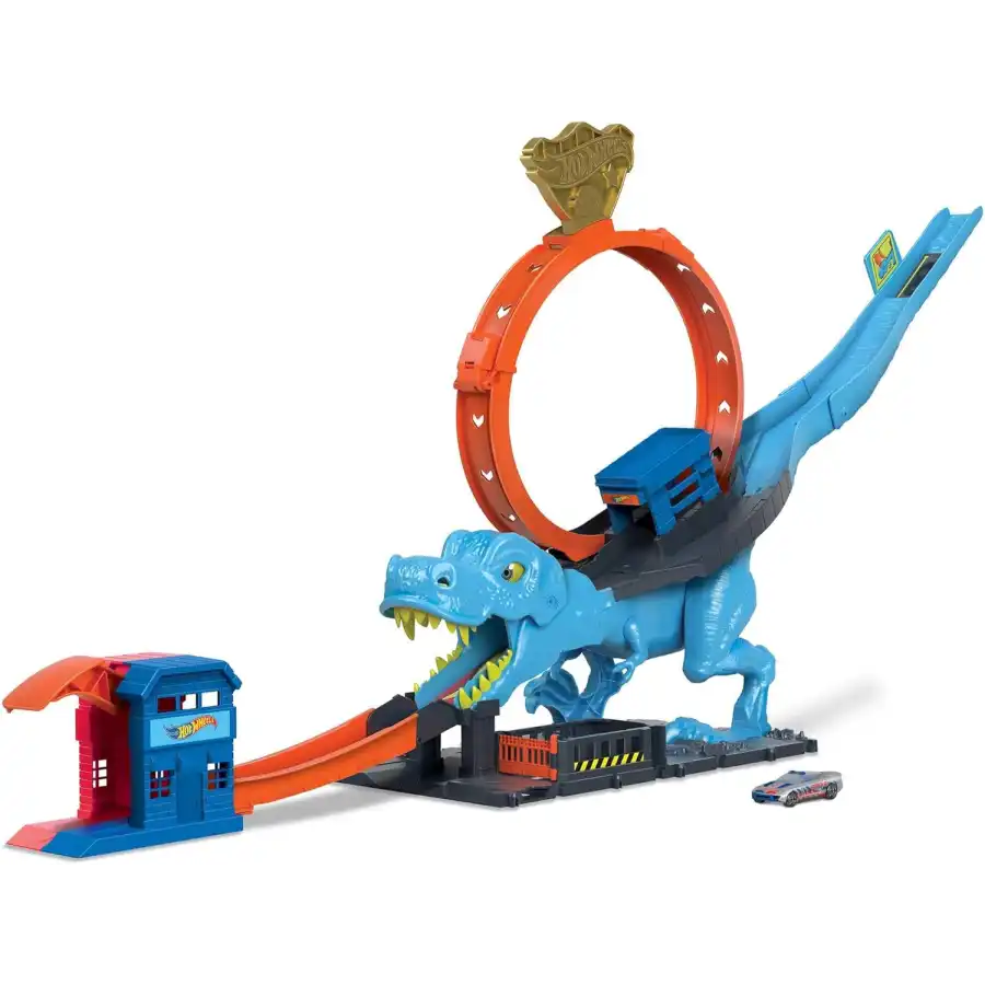 Hot Wheels - Hot Wheels City Pista con 1 macchinina, sfreccia attraverso un loop gigante per sconfiggere il mega dinosauro