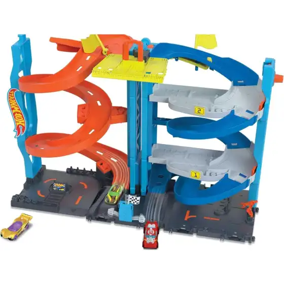 Hot Wheels - ​City playset con pista e 1 macchinina, torre 2 in 1 da modalità corsa singola a doppia, ascensore incluso, HKX43