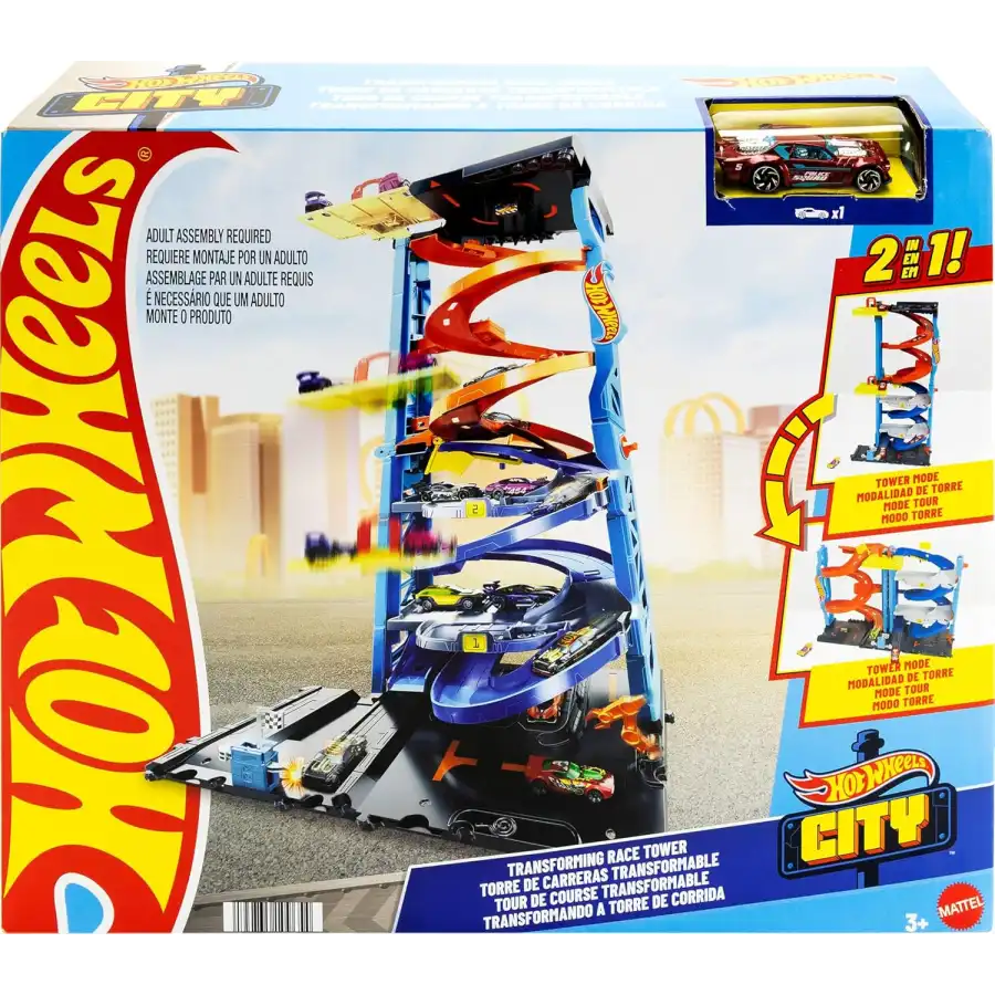 Hot Wheels - ​City playset con pista e 1 macchinina, torre 2 in 1 da modalità corsa singola a doppia, ascensore incluso, HKX43