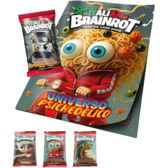 Skifidol Italian Brainrot - Album + 4 bustine con 7 carte ciascuna, 1 carta special in ogni pacchetto, Universo Psichedelico