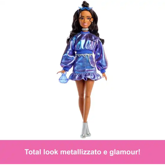 Barbie Deluxe Fashionistas JFP42 - Barbie con Top e Gonna Blu Metallizzato e Capelli Ondulati