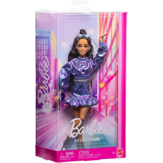 Barbie Deluxe Fashionistas JFP42 - Barbie con Top e Gonna Blu Metallizzato e Capelli Ondulati