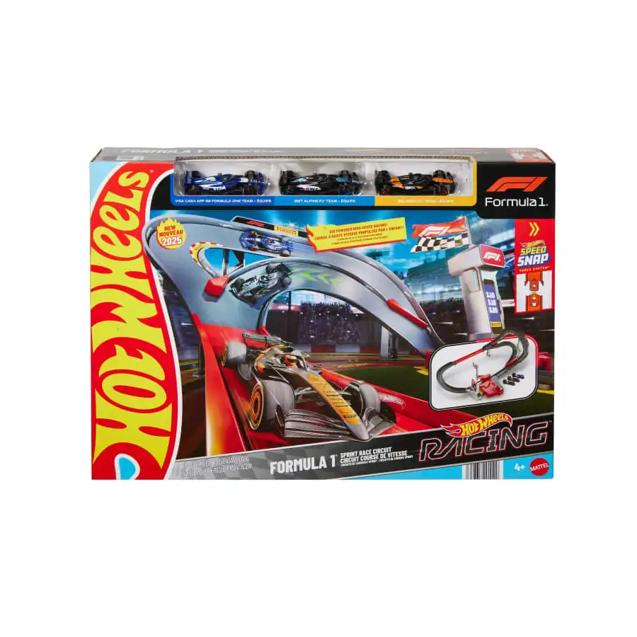 Hot Wheels JDY15 - Pista Racing Formula 1 Circuito Sprint con 3 Macchinine Die Cast 1:64