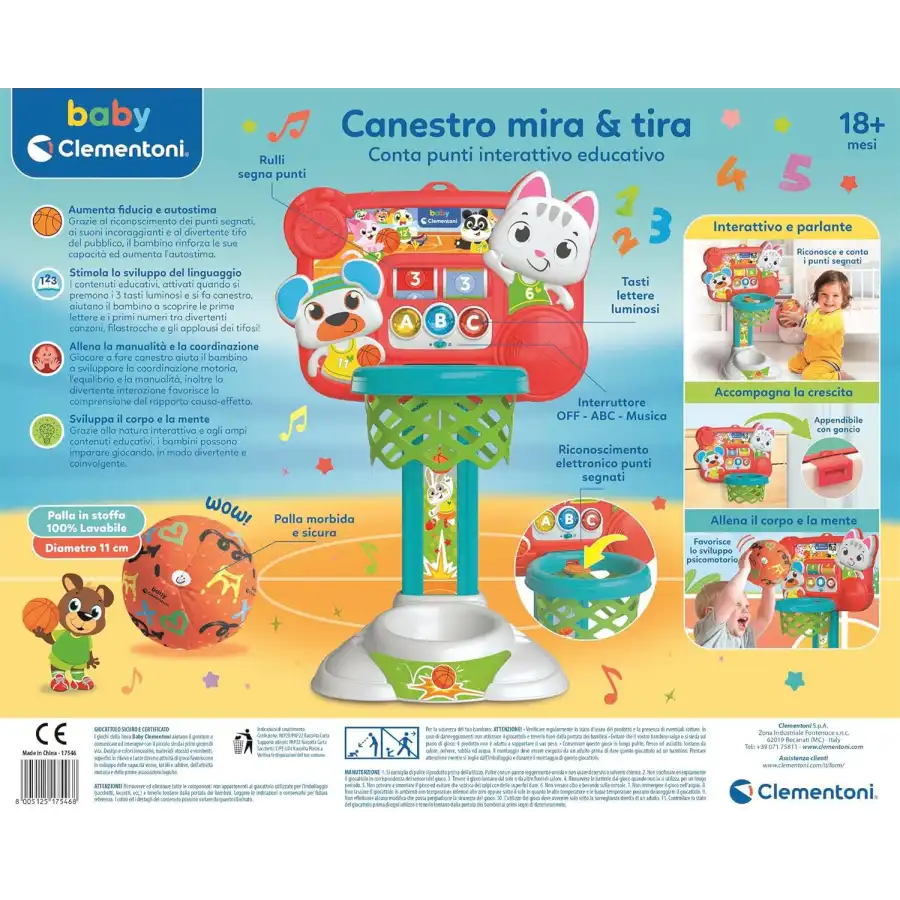 Clementoni 17546 - Canestro Mira e Tira, Canestro con Conta Punti Interattivo