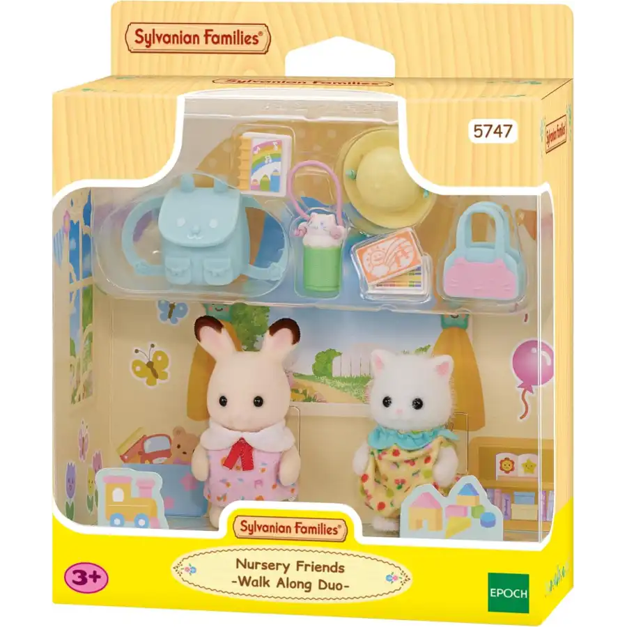 Sylvanian Families - Amici dell'Asilo - A Passeggio – Set di 2 Bebè con Zaino, Cappello e Accessori