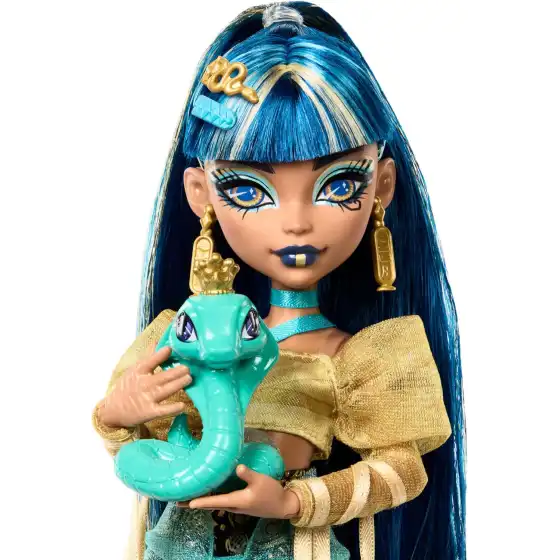 Monster High - Cleo De Nile , bambola con Camicetta Dorata e Gonna a Strati,Cucciolo di Cobra Hissette HXH74