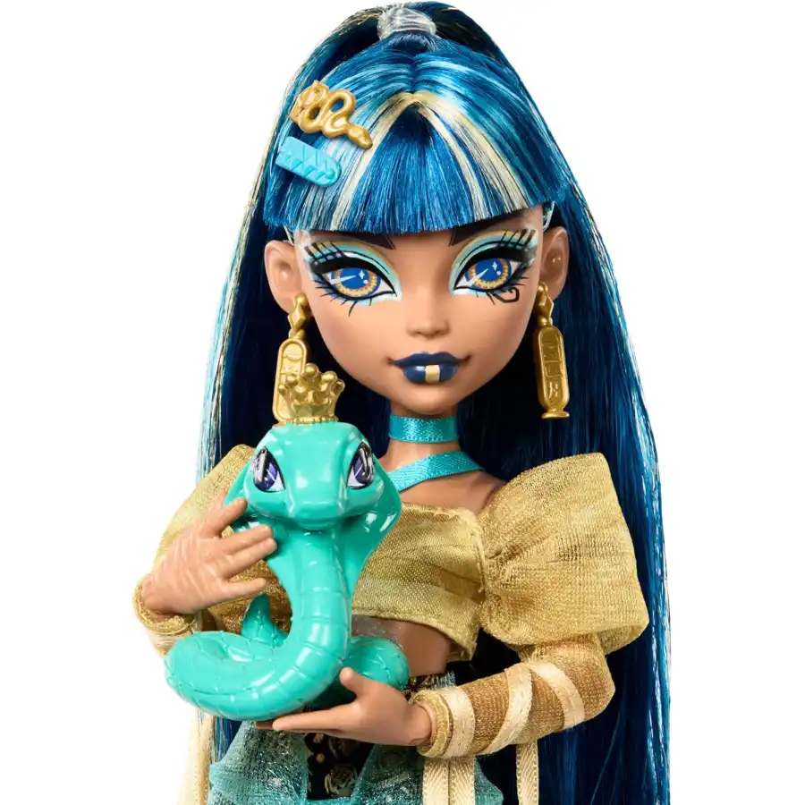 Monster High - Cleo De Nile , bambola con Camicetta Dorata e Gonna a Strati,Cucciolo di Cobra Hissette HXH74