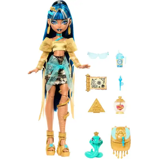 Monster High - Cleo De Nile , bambola con Camicetta Dorata e Gonna a Strati,Cucciolo di Cobra Hissette HXH74