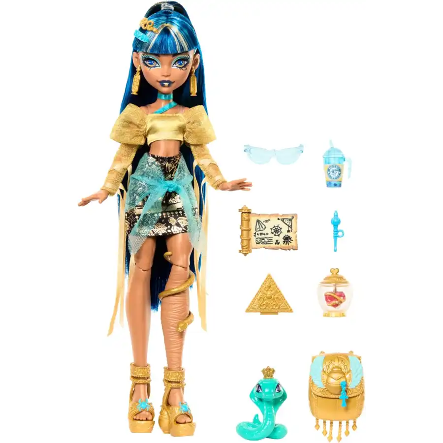 Monster High - Cleo De Nile , bambola con Camicetta Dorata e Gonna a Strati,Cucciolo di Cobra Hissette HXH74