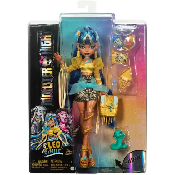Monster High - Cleo De Nile , bambola con Camicetta Dorata e Gonna a Strati,Cucciolo di Cobra Hissette HXH74
