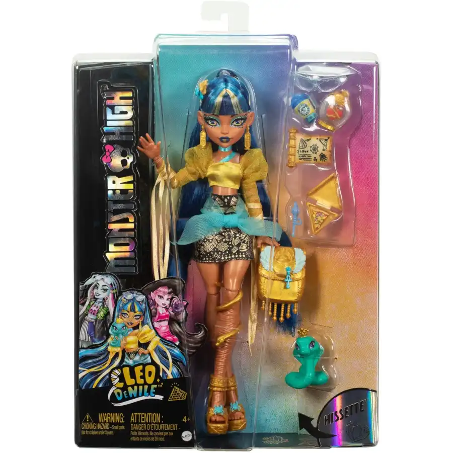 Monster High - Cleo De Nile , bambola con Camicetta Dorata e Gonna a Strati,Cucciolo di Cobra Hissette HXH74